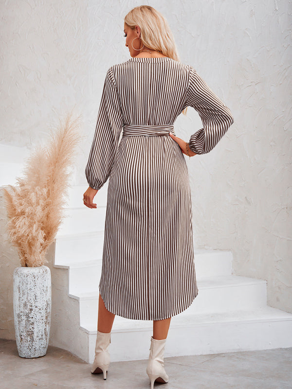 Casual V-neck striped tie waist shirt dress - PIXEL WEAR