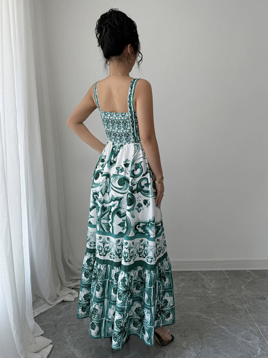 Casual simple suspender printed long dress - PIXEL WEAR LTD