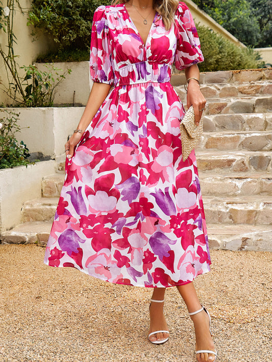 Elegant waist V-neck holiday bohemian print dress - PIXEL WEAR LTD