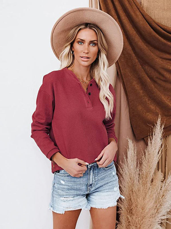 Women's Hot Style V-neck Solid Color Long-sleeved Top T-Shirt Women - PIXEL WEAR