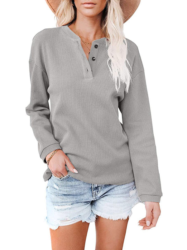 Women's Hot Style V-neck Solid Color Long-sleeved Top T-Shirt Women - PIXEL WEAR