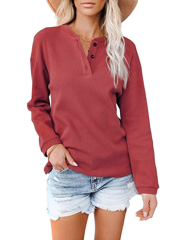 Women's Hot Style V-neck Solid Color Long-sleeved Top T-Shirt Women - PIXEL WEAR