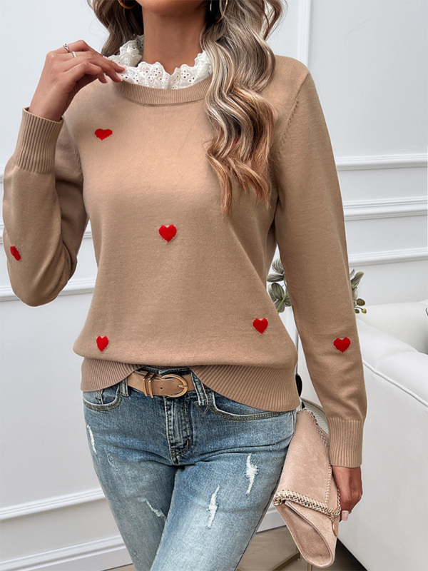 Women's Temperament Casual Embroidered Love Heart Long Sleeve Sweater - PIXEL WEAR