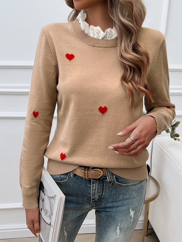 Women's Temperament Casual Embroidered Love Heart Long Sleeve Sweater - PIXEL WEAR
