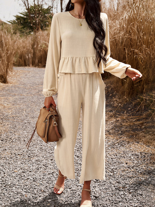 Temperament casual suit solid colour long-sleeved top loose trousers - PIXEL WEAR