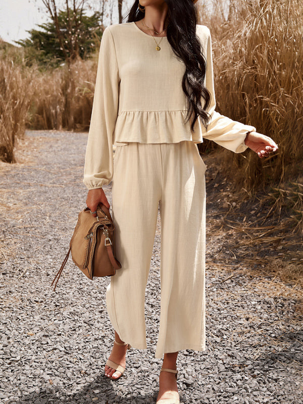 Temperament casual suit solid colour long-sleeved top loose trousers - PIXEL WEAR