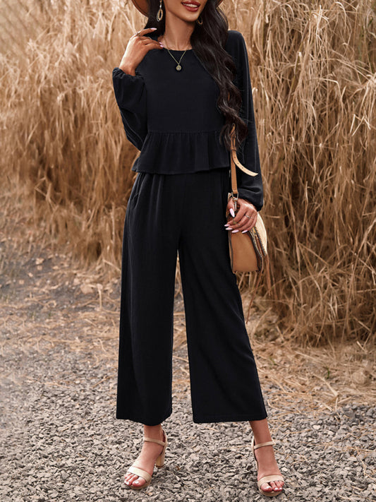 Temperament casual suit solid colour long-sleeved top loose trousers - PIXEL WEAR