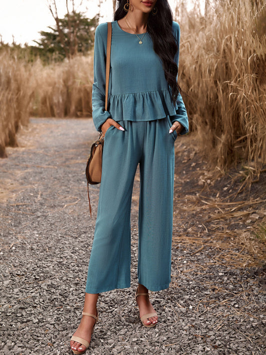 Temperament casual suit solid colour long-sleeved top loose trousers - PIXEL WEAR
