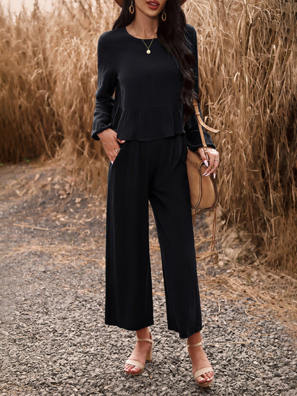 Temperament casual suit solid colour long-sleeved top loose trousers - PIXEL WEAR