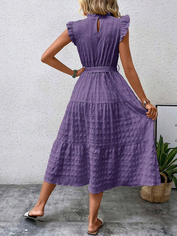 New Fashion Ruffled Flying Sleeve Lace-up Textured Dress - PIXEL WEAR