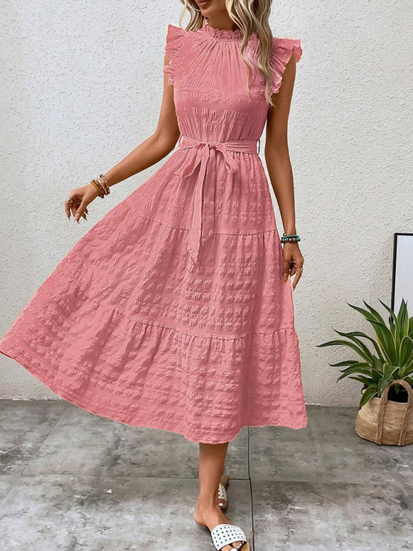 New Fashion Ruffled Flying Sleeve Lace-up Textured Dress - PIXEL WEAR