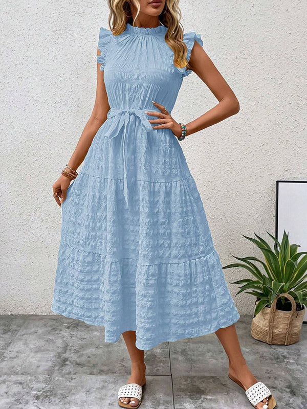 New Fashion Ruffled Flying Sleeve Lace-up Textured Dress - PIXEL WEAR