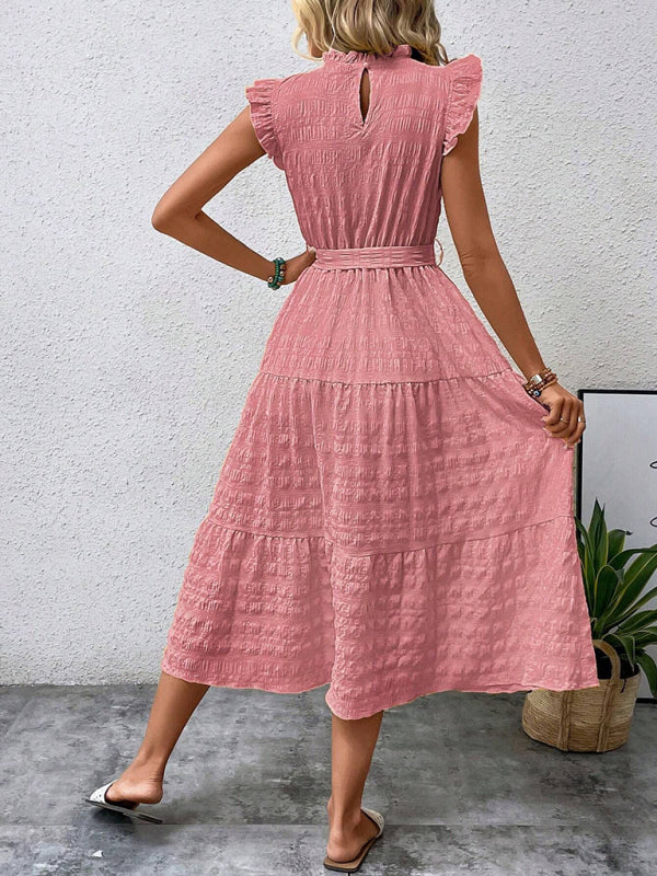 New Fashion Ruffled Flying Sleeve Lace-up Textured Dress - PIXEL WEAR