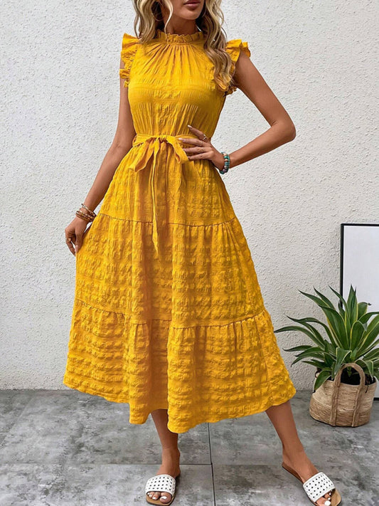 New Fashion Ruffled Flying Sleeve Lace-up Textured Dress - PIXEL WEAR