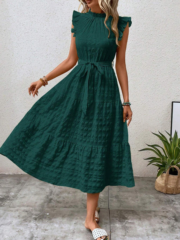 New Fashion Ruffled Flying Sleeve Lace-up Textured Dress - PIXEL WEAR
