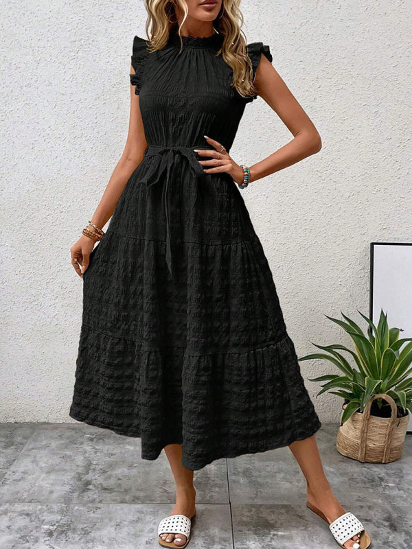 New Fashion Ruffled Flying Sleeve Lace-up Textured Dress - PIXEL WEAR