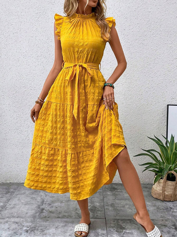 New Fashion Ruffled Flying Sleeve Lace-up Textured Dress - PIXEL WEAR