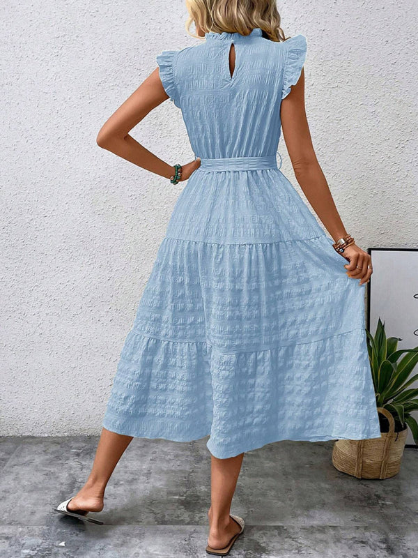New Fashion Ruffled Flying Sleeve Lace-up Textured Dress - PIXEL WEAR