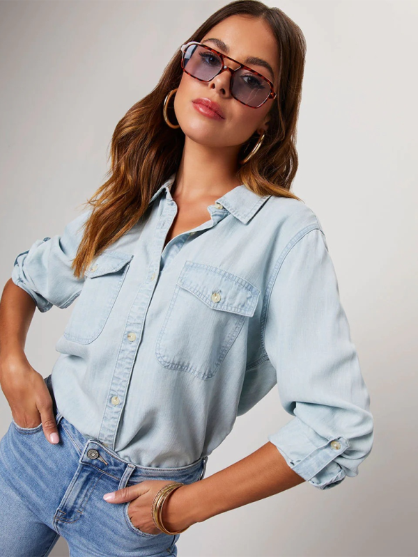 Casual lapel single-breasted long-sleeved denim shirt - PIXEL WEAR