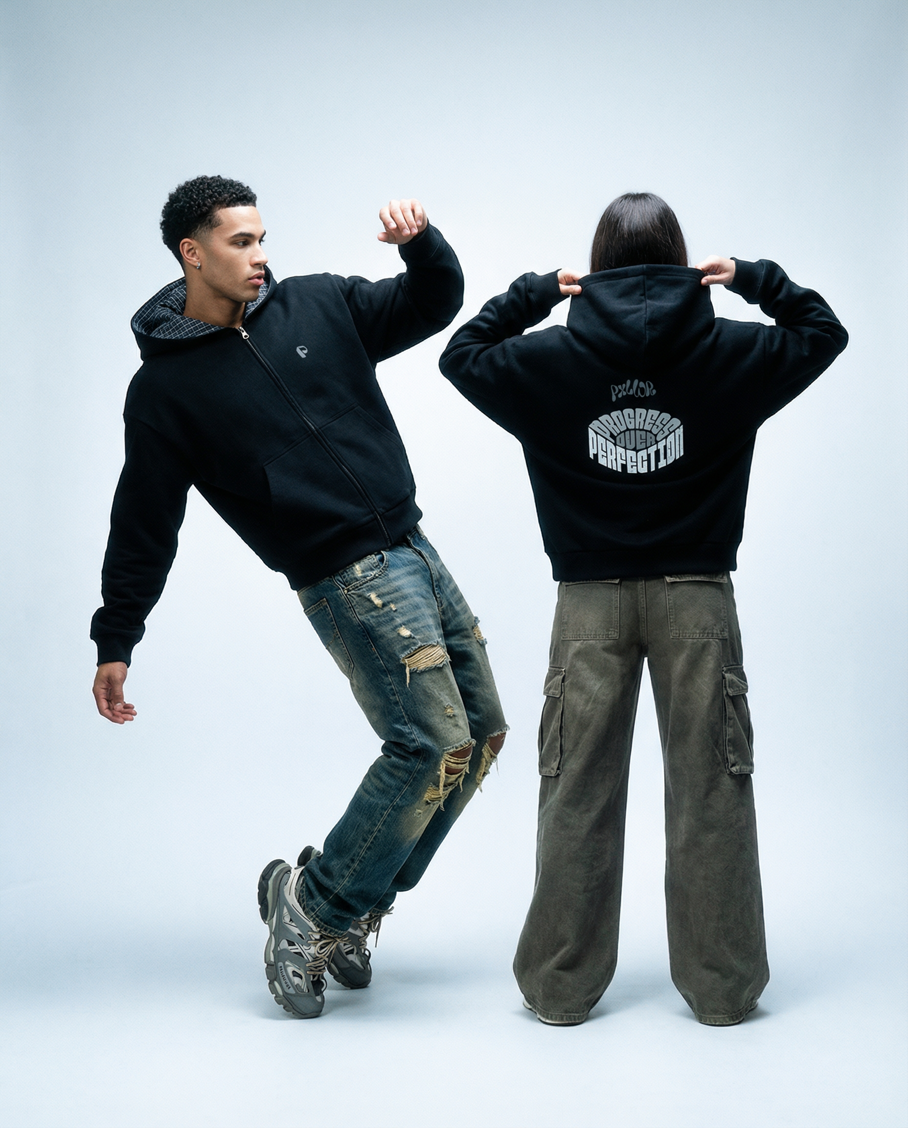 Contrast Plaid Boxy Zip Hoodie - PIXEL WEAR LTD