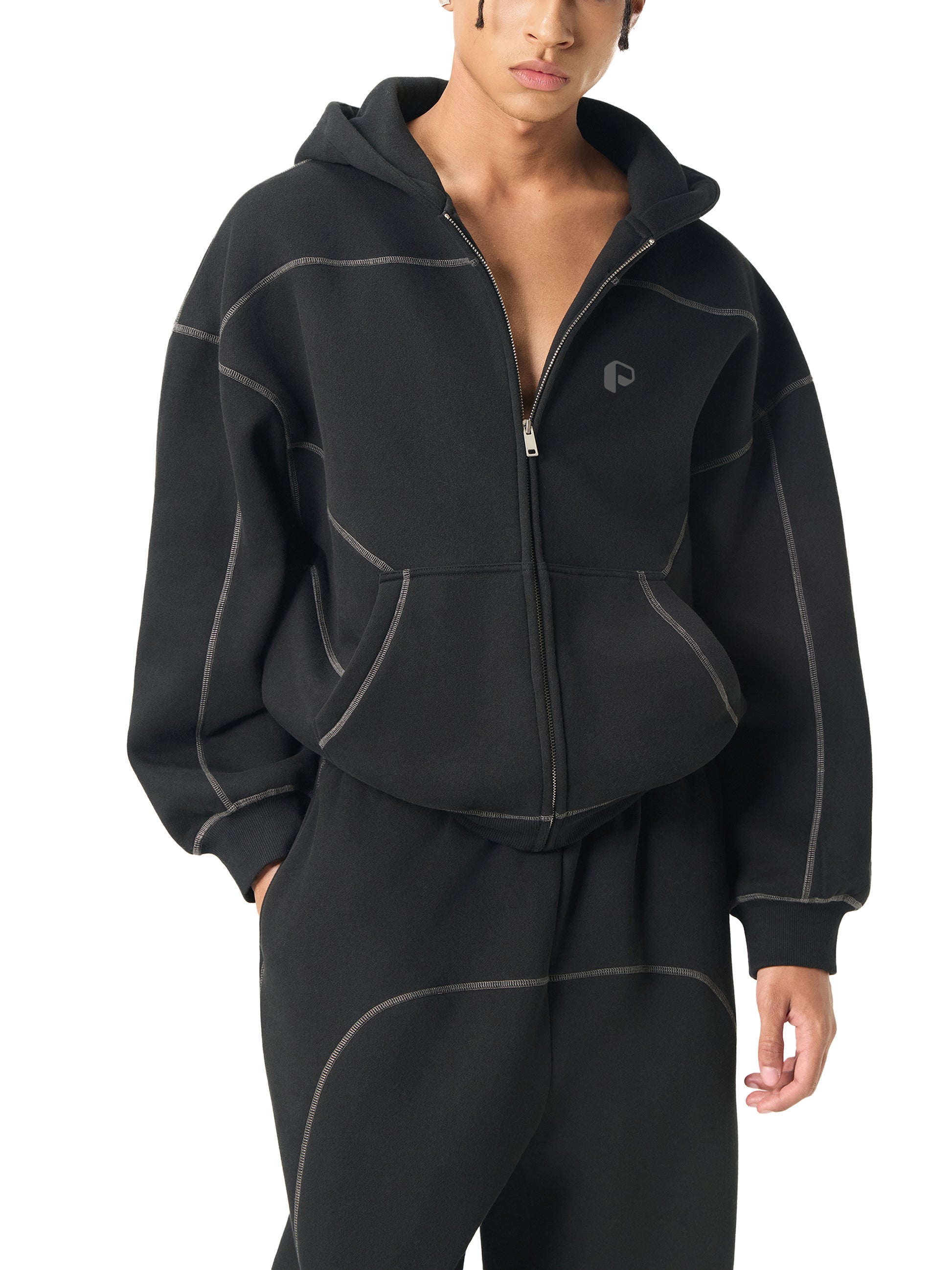 Contrast-Stitched Boxy Fleece Hoodie - PIXEL WEAR