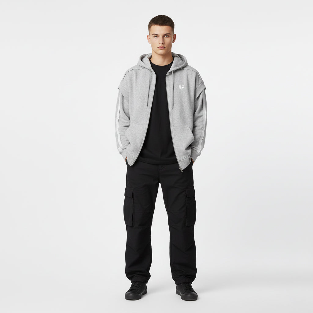 Contrast Tape Raw Edge Double Layered Zip Hoodie - PIXEL WEAR