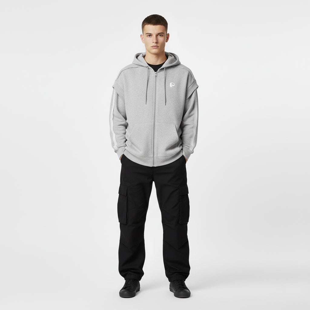 Contrast Tape Raw Edge Double Layered Zip Hoodie - PIXEL WEAR