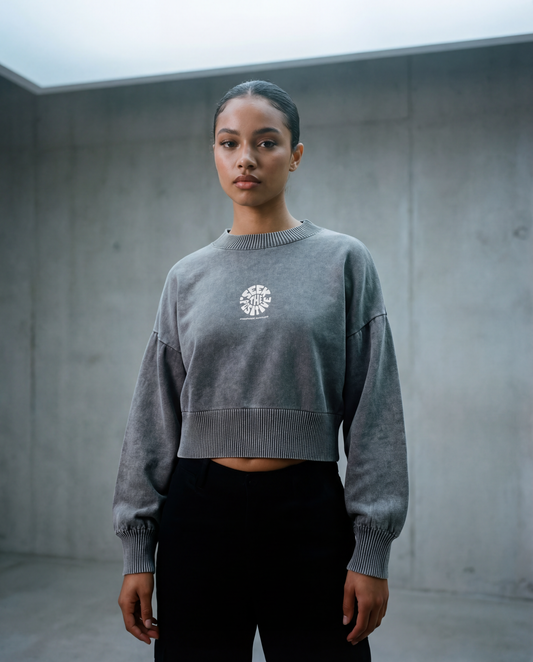 Mineral Wash Balloon Sleeve Cropped Sweater - PIXEL WEAR LTD