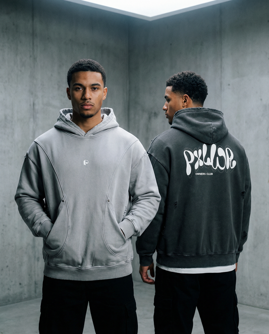 Snow Washed Distressed Panel Pocket Hoodie - PIXEL WEAR LTD
